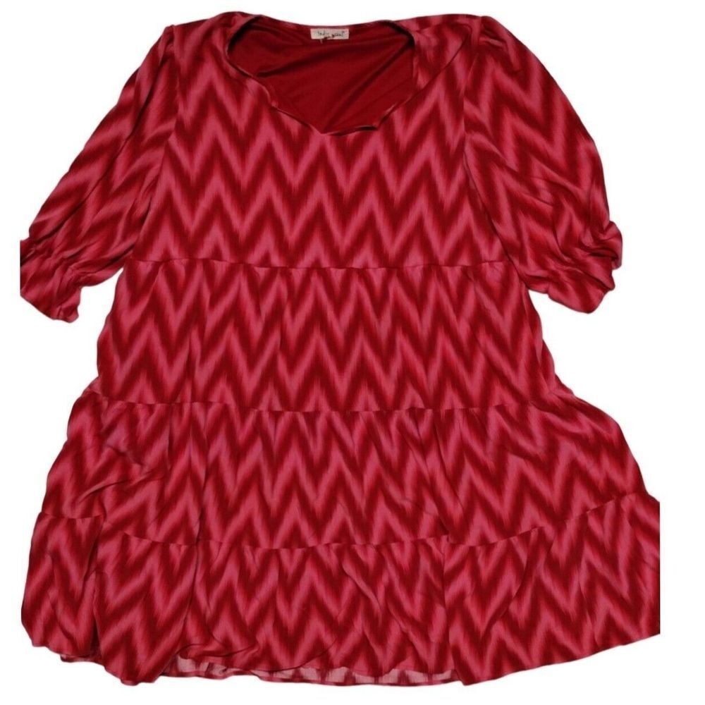 Indigo Soul Tiered Dress Chevron Print 3/4 Sleeve Casual‎ Red 2XL